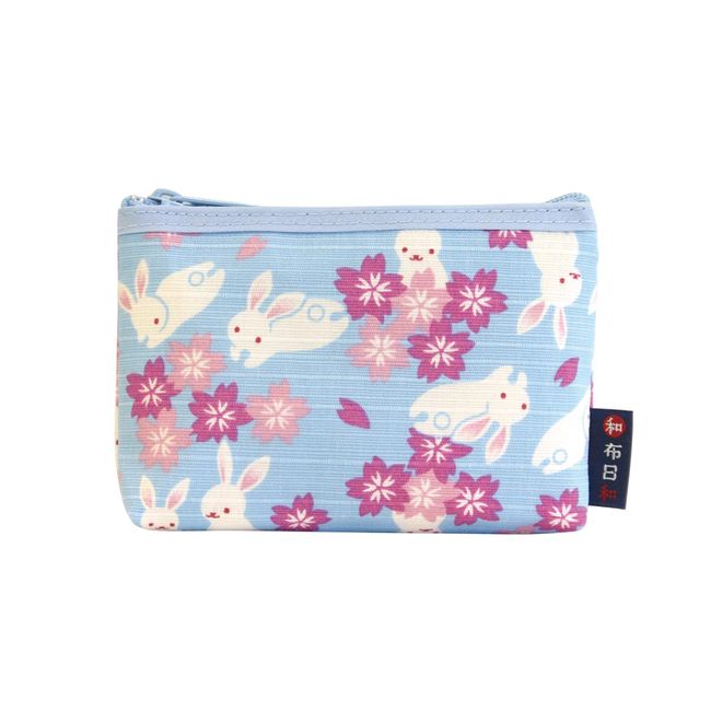 Japanese Biyori Card Case with Zipper, Rabbit Fairy Cherry Blossoms, Light Blue, Made in Japan