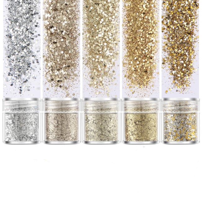 Glitter in Container, Glitter Nail Parts, Nail Art, Glitter Glitter, Glitter Powder, Face, Body, Hair Decoration, Christmas, Party, Set of 5, Gold