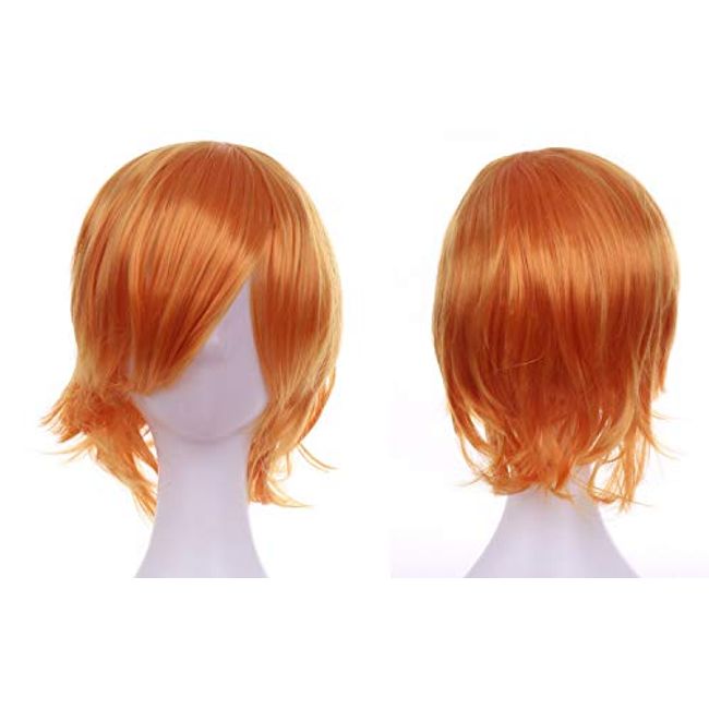 Pumpkin Parade Wig, 3-Piece Set, Short, Wolf, Full Hair Net, With Stand, Mandarin Orange