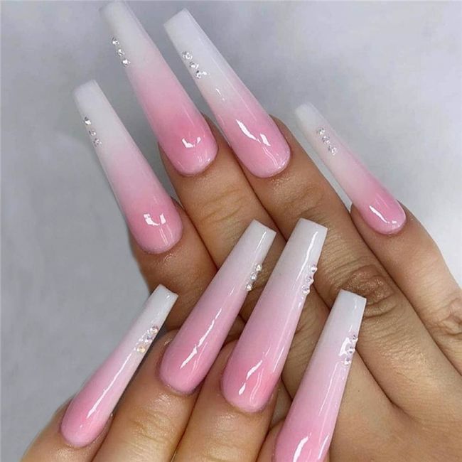 SINLOV 24pcs Coffin Fake Nails Pink Gradient Press on False Nails Long Ballerina Artificial Finger Nails Full Cover False Nails Art Nail Tips for Women and Girls (Pink2)