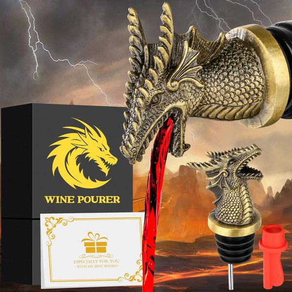 Dragon Head 2-in-1 Wine Bottle Pourer and Stopper, Dragon Gifts for Men Women Dragon Fans, Liquor Bottle Pourers Spout for Alcohol Spirits, Wine Accessories Gifts, Bronze