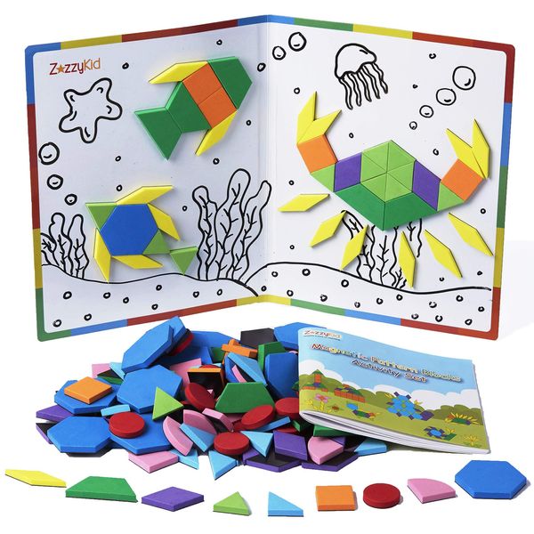 ZazzyKid Kids Magnetic Pattern Blocks Set: 216 PCS Geometric Shape Puzzles Tangram - STEM