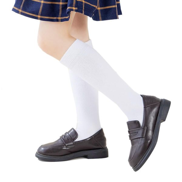 Marchare Girls Knee High Socks Kids Boys School Uniform Seamless Cotton Socks Stockings White 3 Pack 3-5Years