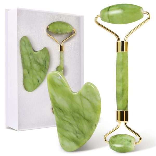 GUGUG Gua Sha Stein and Face Jade Roller Set for Facial Massage - Reduces Eye Puffiness and Skincare Routine-Green