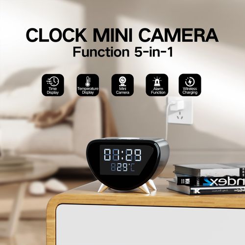 InCliick Mini Camera 4K Desktop Alarm Time & Temperature Display Support Wireless Charge Motion Zone Detection Cam Clock for Home & Office Use(No Audio)