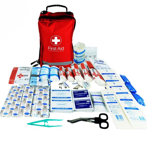 JFA 200 Piece Comprehensive First Aid Kit Bag – includes Emergency blanket, Ice pack, Wound closure strips, Saline, Tuff cut scissors, CPR shield, Bandages, Dressings, for Home, Work, Car, Travel