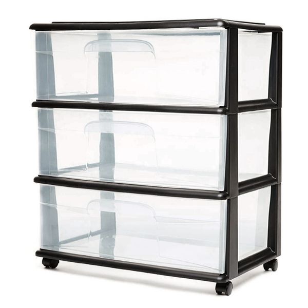 Homz Tall Solid Plastic 3 Drawer Medium Storage Cart with Caster Wheels, Black