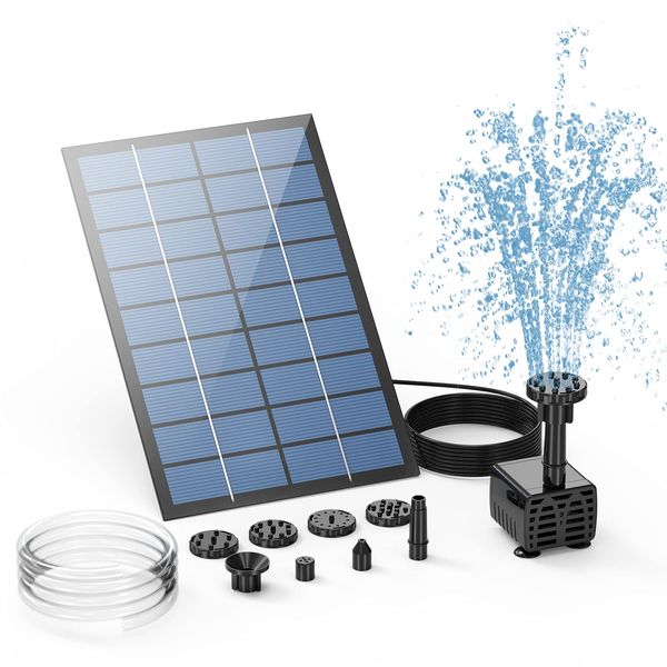 AISITIN Solar Fountain Pump, 2.5W Solar Powered Water Pump Solar Panel Kit Water Pump Submersible Pump Solar Powered Water Feature with 6 Nozzles and Transparent Hose for Pond,Fountain,BirdBath,Garden