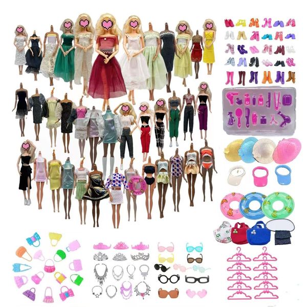 72 PCS Doll Clothes Set for 11.5 inch Dolls, Including 2 Wedding Gowns,2 Fur，4 Skirt, 4Tops, 2Pants, 5 Sunglasses, 7 Shoes,3 hat，10coat Hanger，5 Necklace，5 Crown，10 Bag，1 Swimming Circle，1 Toy Set