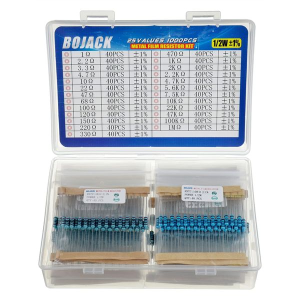 BOJACK 1000 Pcs 25 Values Resistor Kit 1 Ohm-1M Ohm with 1% 1/2W Metal Film Resistors Assortment