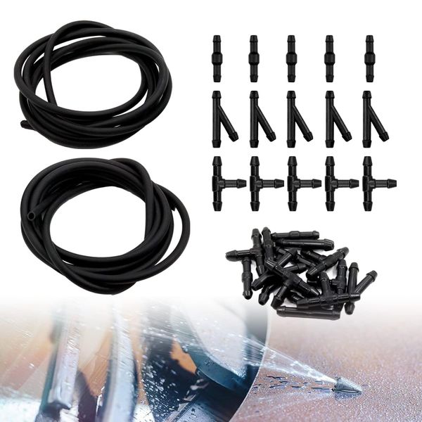 DGHOME 4m (2x2m) Sets Car Universal Windshield Washer Hose Kit Car Washer Hose Washer Nozzle Kit with 15Pcs Hose Connector Washer Fluid Hose Connect Car Water Pump And Nozzles Car Accessories