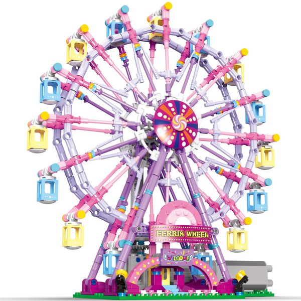 HuiNiu Ferris Wheel Building Block Set with Fairy Light, Two-Way Rotating Ferris Wheel Building Set 813 Pieces, Amusement Park Interlocking Blocks Toys for Ages 8-13, Gift Idea for Boys and Girls