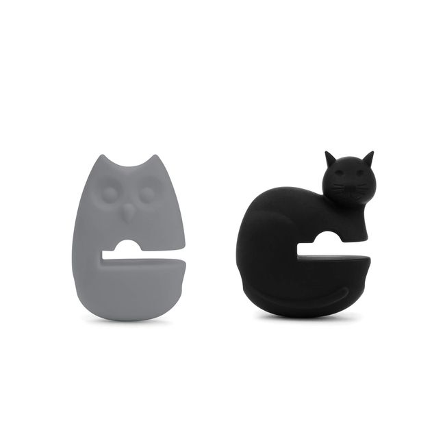 Fox Run Silicone Pot Clip Spoon Rest, Owl and Cat, Set of 2, 2.75", Grey and Black