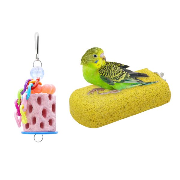 Wontee Bird Calcium Grinding Chewing Toys Bird Perch Stand for Cockatiels Conures Quaker Senegal Parrot, 2 Packs