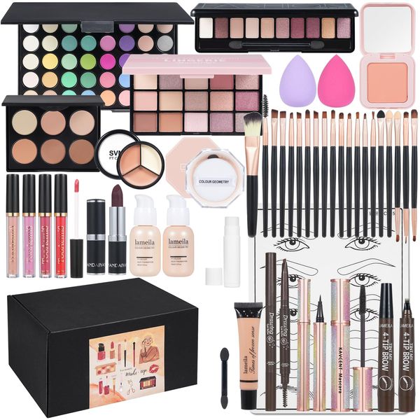 All in One Makeup Kit Makeup Kit for Women Full Kit Multipurpose Makeup ，eyeshadow、 liquid foundation,Loose powder,Eyebrow pencil,4-color lip gloss set