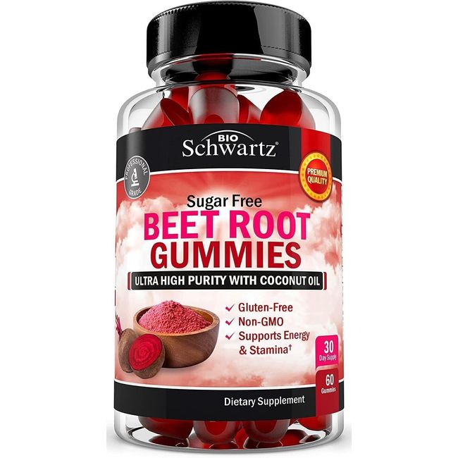 Sugar Free Beet Root Gummies Nitric Oxide Beet Chews with Coconut Oil, 60 ct