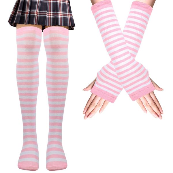 Mayoii Thigh High Socks Fingerless Gloves Set, Long Socks for Women Girls Arm Leg Warmer, Striped Knee High Stockings (Pink and White Stripes)