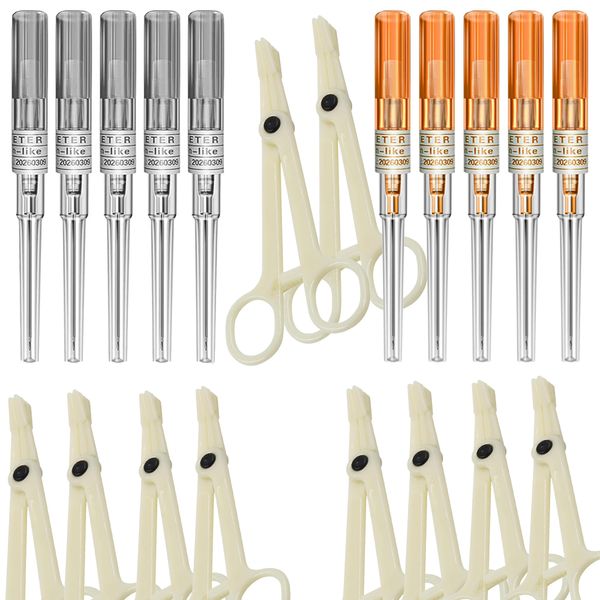 Unihuby Piercing Clamp Kit, 10Pcs Catheter Needles and 10PCS Disposable Piercing Pliers Round 14 16 Gauge IV Needles Slotted Forceps for Body Piercing Navel Tongue Eyebrows Fingers Nose