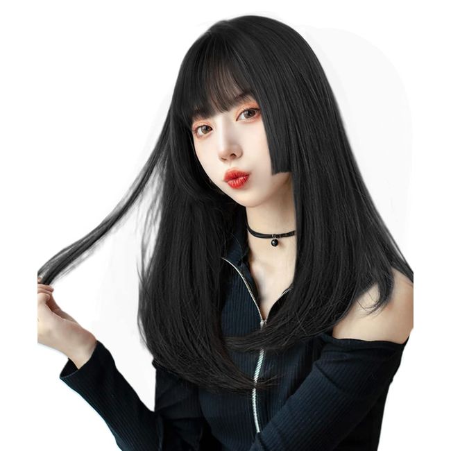 AISI QUEENS Wig, Princess Cut, Black, Long, Straight, Semi-Long, Full Wig, Medium, Black Hair, Princess Hair, Women's Dresses, Cute, Natural, Small Face Wig, Harajuku, Lolita, Heat Resistant, With Net