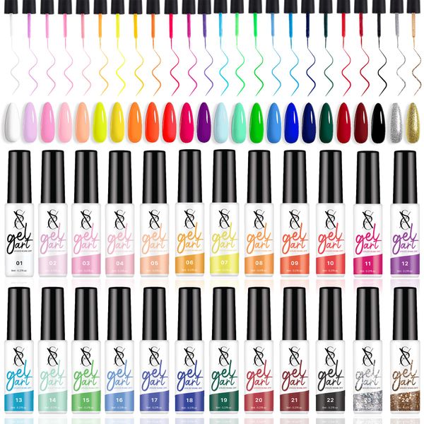 SXC Cosmetics 24-Color Gel Liner Set for Nail Art - With Built-in Thin Brush for Swirl Nail Designs and Soak-Off Gel Polish