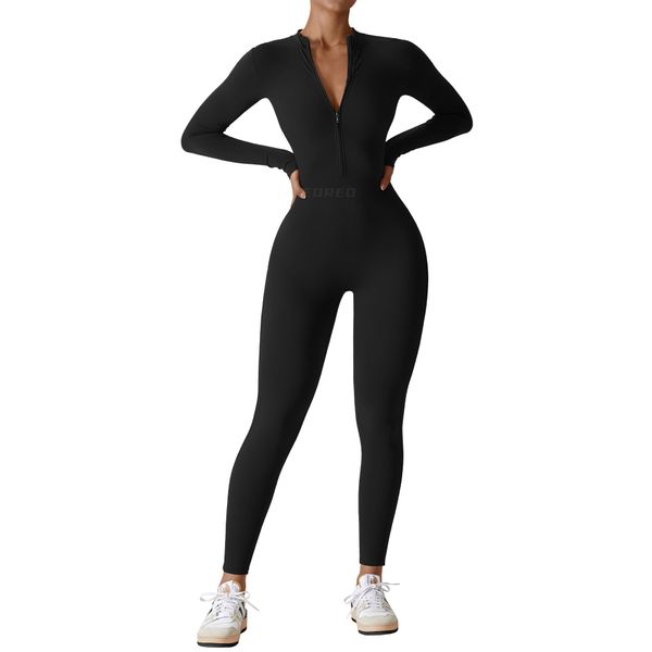 YEOREO Women Long Sleeve Workout Jumpsuit Zip Up Romper Bottom Pants Bodysuit Bodycon Sexy One Piece Black S