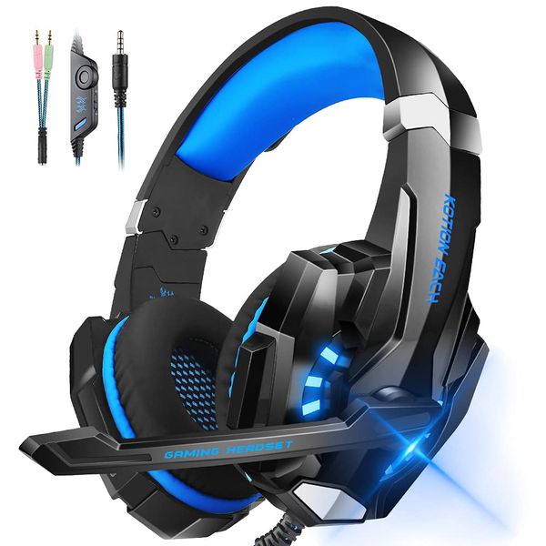 PHOINIKAS Gaming Headset PS4 Headset PS5 Gaming Headphones Wired with Precision Mic Wired Switch Headphones Deep Bass LED Light with Controller Mute Lightweight for Gaming FPS Phone Xbox One PC (Blue)