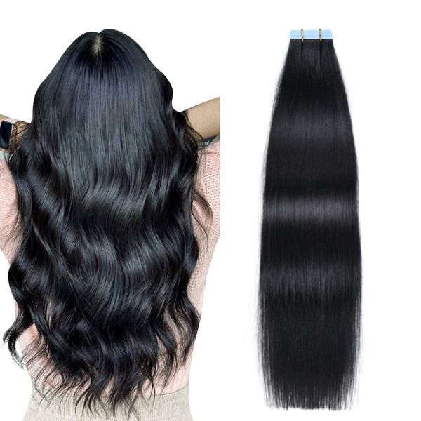 SUYYA Tape Extensions Echthaar,Invisible Tape in Extensions Echthaar Seidig Gerade Remy Tape Haarverlängerungen Echte Menschliches Haar 12 Zoll 30cm 20 Stück 40G #1 Tief Schwarz