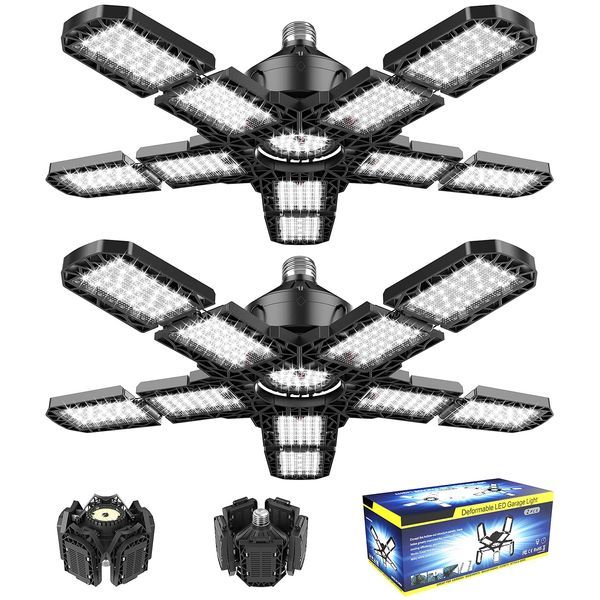 2-Pack Led Garage Light 180W, 18000LM LED Ceiling Lighting with E26/E27 Medium Base, 6000K Deformable LED Shop Light with 10+1 Adjustable Panels for Garage, Workshop, Attic, Basement