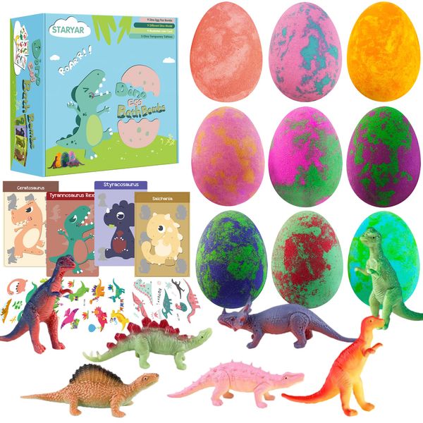 Bath Bombs for Kids with Surprise Toys Inside-9 Pack Organic Dinosaur Bath Bombs Gift Set,Bubble Bath Fizzes,Birthday or Easter Gift for 3 4 5 6 7 8 9 Year Old Girls and Boys