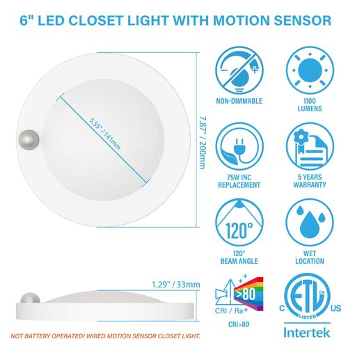 ZAGO LED 6" 120 Volts Closet Light Wired, PIR Motion Sensor Ceiling Disc Light, 15W, 1100 Lumens, CRI>80, 5000K Daylight White for Closet, Laundry, Garage, Pantry, Wet Location, ETL, White, 2 Packs