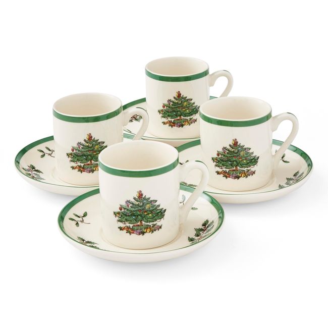 Spode Christmas Tree Espresso Cup and Saucer | Set of 4 Coffee Mugs with Saucers for Espresso | 3 Ounce Cups Great for Christmas Décor and Holiday Gift | Made of Fine Earthenware | Dishwasher Safe