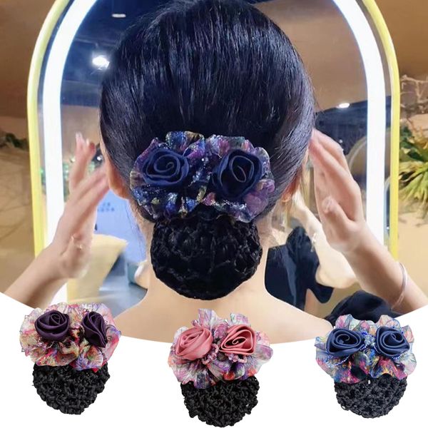 3 Pcs Flower Hair Bun Holder Covers for Women Bowknot Hair Net Pocket Hair Clip with Barrette Ribbon Barrette with Net Barrettes Net Snood Hairnet-050-3PCS#02