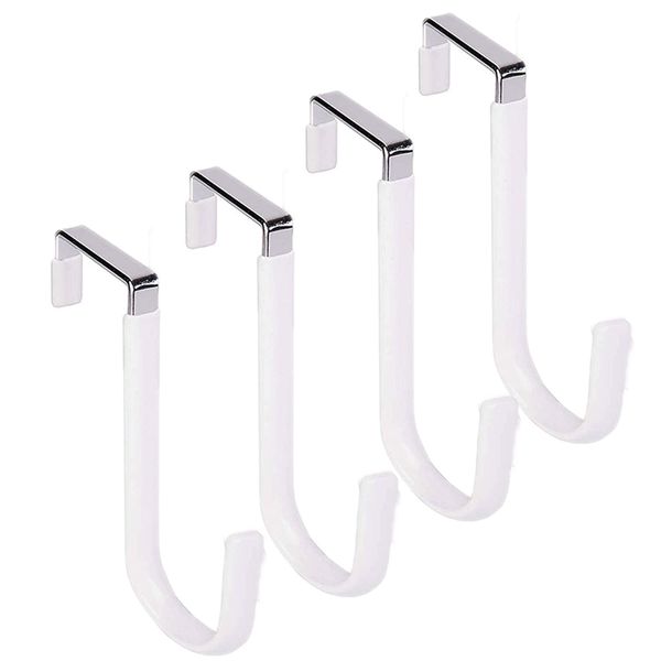 Over The Door Hooks Set of 4, Single Hooks Hanger Metal for Hanging Towel Coats Clothes Hats Bags Bathroom, Over The Door Hangers with Soft Rubber Surface Prevents Scratches. (White)