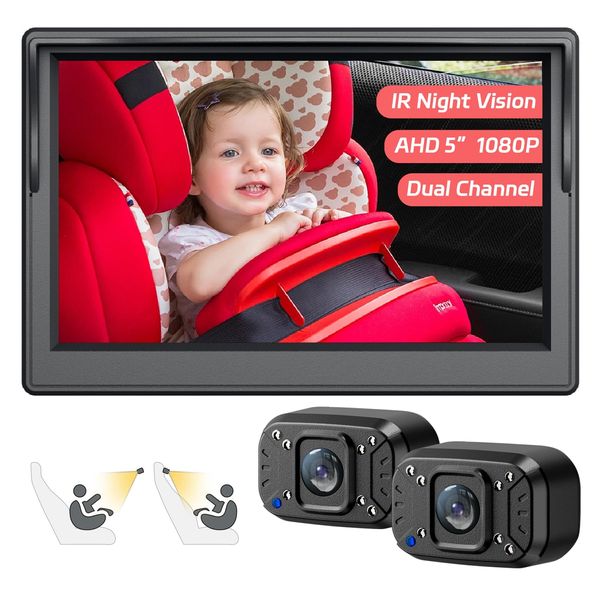 Itomoro Baby Car Camera, Dual Channel 5 inch Display with 2 IR Night Vision Camera, Easily Install Baby Car Mirror 1080P Clear Car Baby Camera for Rear Facing Seat Backseat ACZ403