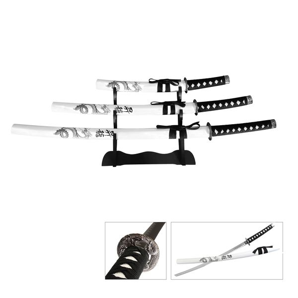 Snake Eye Tactical Fantasy Dragon Design 3 Piece Samurai Katana Set w/Free Sword Stand White