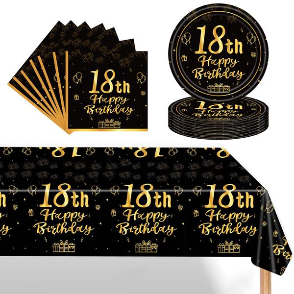 POPOYU 37Pcs Black Gold 18th Birthday Tableware Set,Happy Birthday Party Dinnerware Set,Black Gold Paper Plates 7 Inch Napkins Table Cloth for Boys,Girls,Him,Her 18th Birthday Gifts Party Supplies