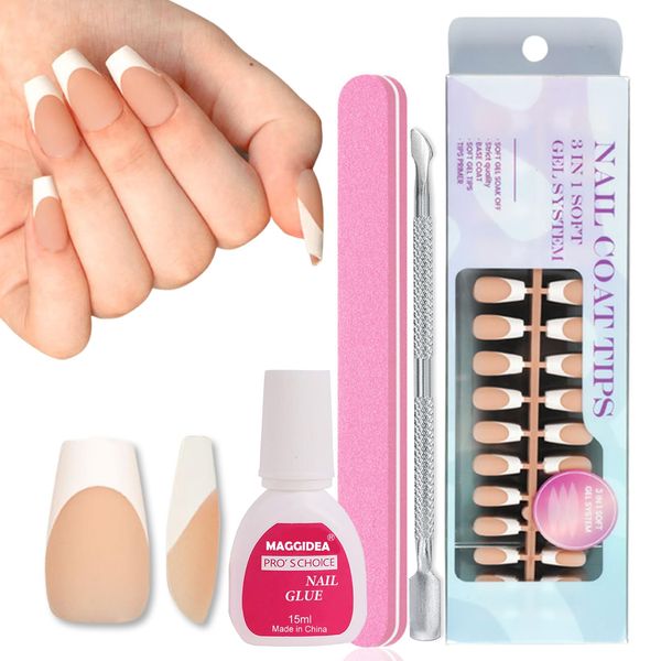 300Pcs French False Nails Kit, French Press On Nails Short Coffin Ballerina False Nails With Glue Soft Gel 15 Sizes Stick On Nails For Women French White Tip Nail Art (Short Coffin-01)