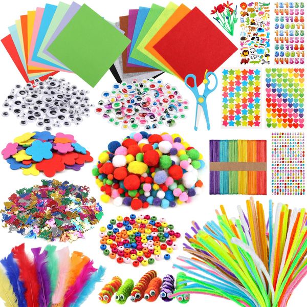 DOITEM Pipe Cleaners Craft Supplies, 1000+Pcs Arts and Crafts Supplies Including Pipe Cleaner Wiggle Googly Eyes Pom Poms Feathers Sticks Sequins Foam Flowers Papers Felt Stickers