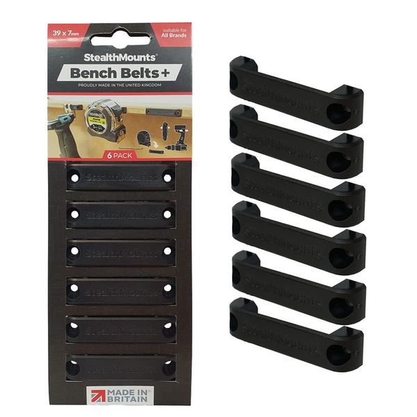 StealthMounts Black Bench Belt Plus - Universal Tool Holder | Bench Belt + Set | Perfect Tool Hanger for Power Tools, Tape Measures and Belt Clips (6 Pack)