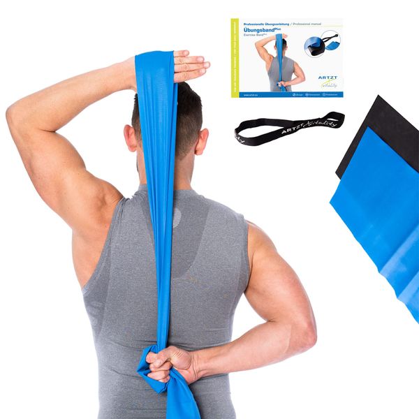 ARTZT vitality Theraband Plus Fitness Band, Exercise Band for Strength Training and Weight Loss at Home, Fitness Training without Weights, 2 Strengths in a Set, Blue, Black, 2.50 m x 11 cm