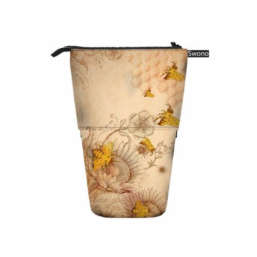 Swono Honey Bees Wildflowers Pencil Pouch Retro Etching Shading Stand Up Pencil Case Organizer Pencil Holder Cosmetics Pouch For Women Men Beige