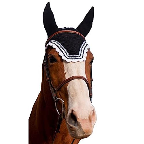 Equine Couture Fly Bonnet with Silver Lurex & Contrast Color - Pony Color - Black/White, Size - Cob