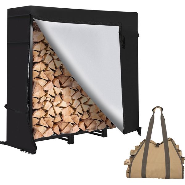 4Ft Firewood Rack Outdoor with Waterproof Widened Cover, Heavy Duty Firewood Ho