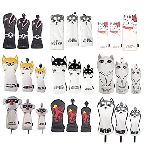 Golf Cover, Headcover, Wood Cover, FW Cover with Conversion Tag, Waterproof, Akita Inu, Husky, Cat, Koala, Shark, Lion (Akita Inu, Black)