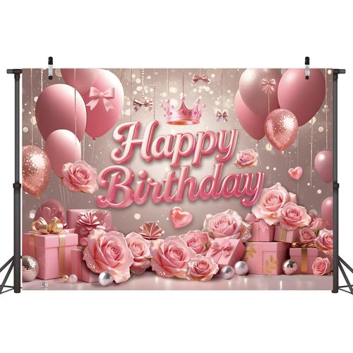 Rose Gold Happy Birthday Backdrop 7x5FT Glitter Pink Flower Balloon Birthday Background for Women Girls Birthday Party Decorations Supplies Photos Props