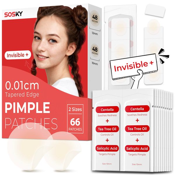 Sosky Acne Pimple Patch, Hydrocolloid Pimple Patches for face 2 Sizes 66 Count