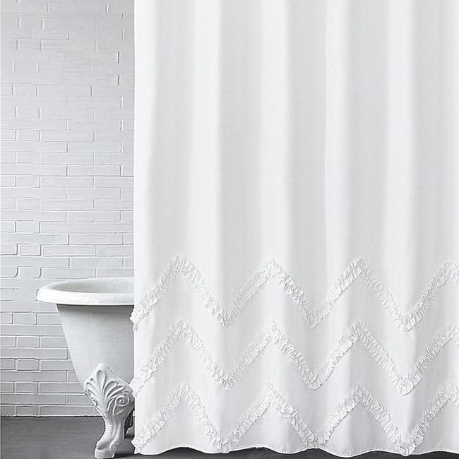 Felisa White Shower Curtain with Zig-zag Stripes of Ruffled Trim,Farmhouse Chic Fabric Shower Curtain for Bathroom,Machine Washable,72"x72"