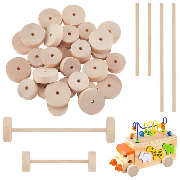 OLYCRAFT 32pcs Wooden Wheels with 32Pcs Wooden Sticks Unfinshed Wooden Wheel Blank Wood Craft Wheels with 5mm Hole Wood Wheel Accessories for DIY Cars Wooden Craft Projects - 28mm & 35mm