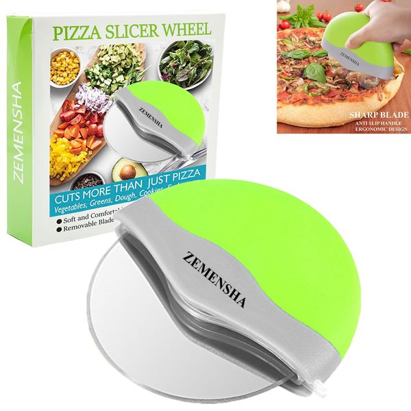 Zemensha Pizza Cutter with 4.5" sharp removable blade & protective retractable blade cover | Stainless steel Pizza Cutter Wheel | Ergonomic Girp Pizza slicer Kitchen gadgets (Green)