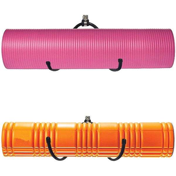 Wall Mount Yoga Mat Foam Roller and Towel Rack Hooks , Exercise Mat Storage Shelf for Hanging Yoga Strap and Resistance Bands at Your Fitness Class or Home Gym, Adjustable Size,Up to 20Lbs - （2 Pack）